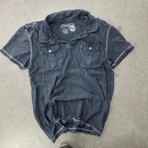 Chalc navy button up shirt with double front pocket & shoulder details